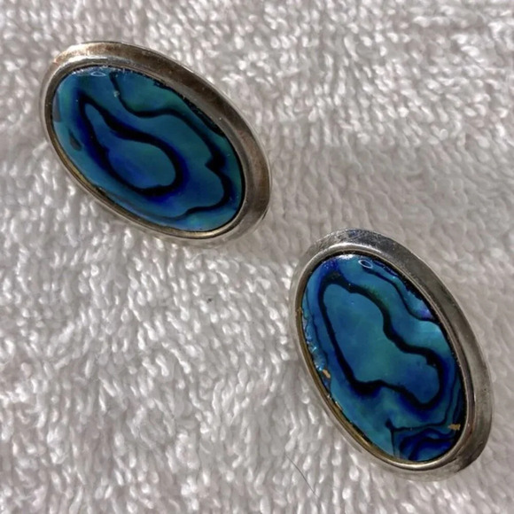 Vintage Blue Faux Abalone W Silver Tone Trim Oval Clop On  Earrings - Picture 8 of 9